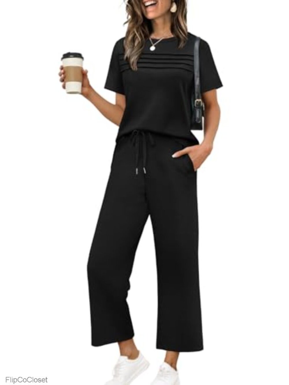Two Piece Lounge Set Short Sleeve Side Slit Wide Leg Pants S-3XL